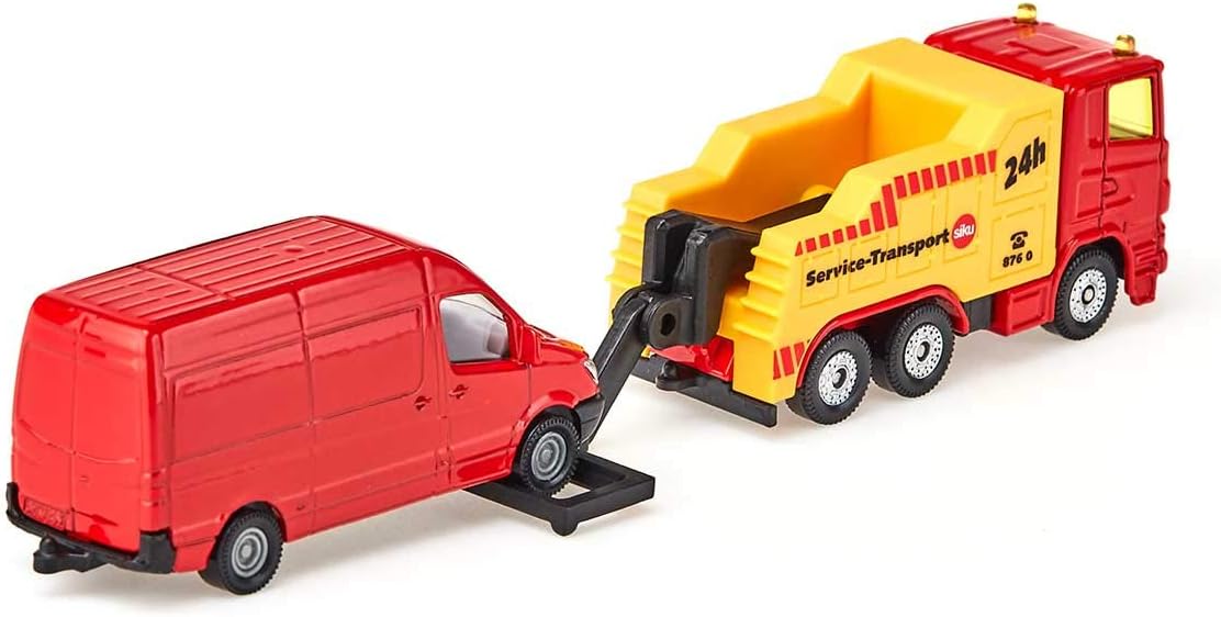 siku 1667, Breakdown Truck with Car, Metal/Plastic, Red/Yellow, Liftable and lowerable towing device