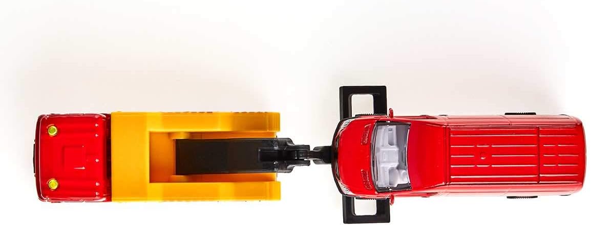 siku 1667, Breakdown Truck with Car, Metal/Plastic, Red/Yellow, Liftable and lowerable towing device
