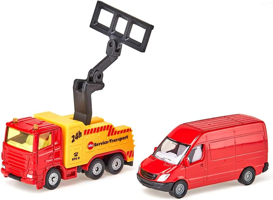 siku 1667, Breakdown Truck with Car, Metal/Plastic, Red/Yellow, Liftable and lowerable towing device