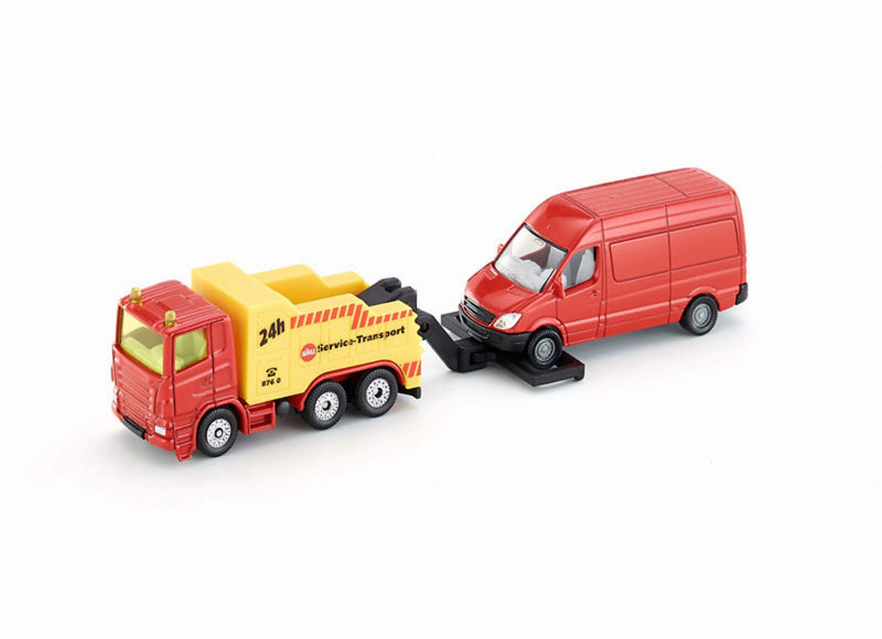 siku 1667, Breakdown Truck with Car, Metal/Plastic, Red/Yellow, Liftable and lowerable towing device