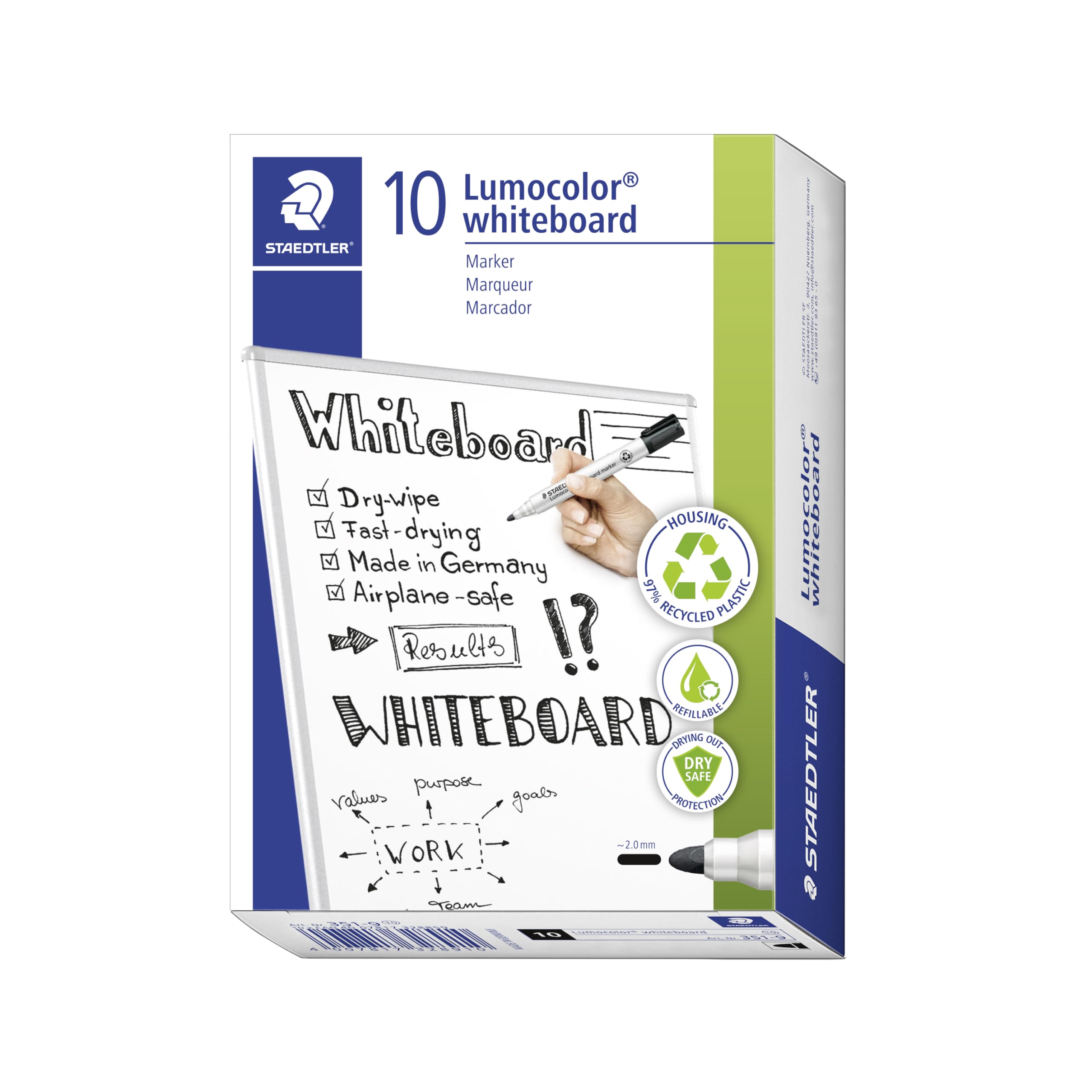 STAEDTLER 351-9 Lumocolor Whiteboard Marker Bullet Tip -Black (Box of 10