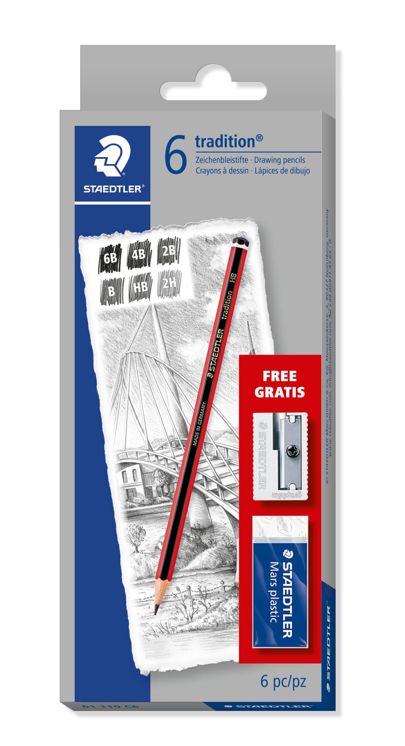 Staedtler 61 110C6 Tradition Sketching Pencil with Mars Plastic Eraser/Metal Sharpener (Pack of 6
