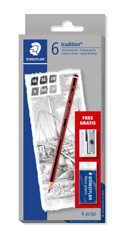 Staedtler 61 110C6 Tradition Sketching Pencil with Mars Plastic Eraser/Metal Sharpener (Pack of 6