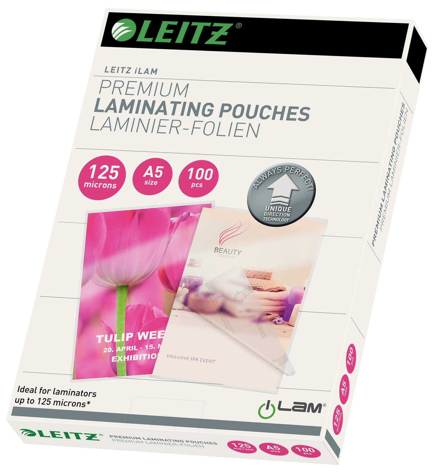 Leitz 74930000 Laminating Pouches Made of 125 Micron Thick Material (Transparent, Glossy, A5 and UDT) - Pack of 100