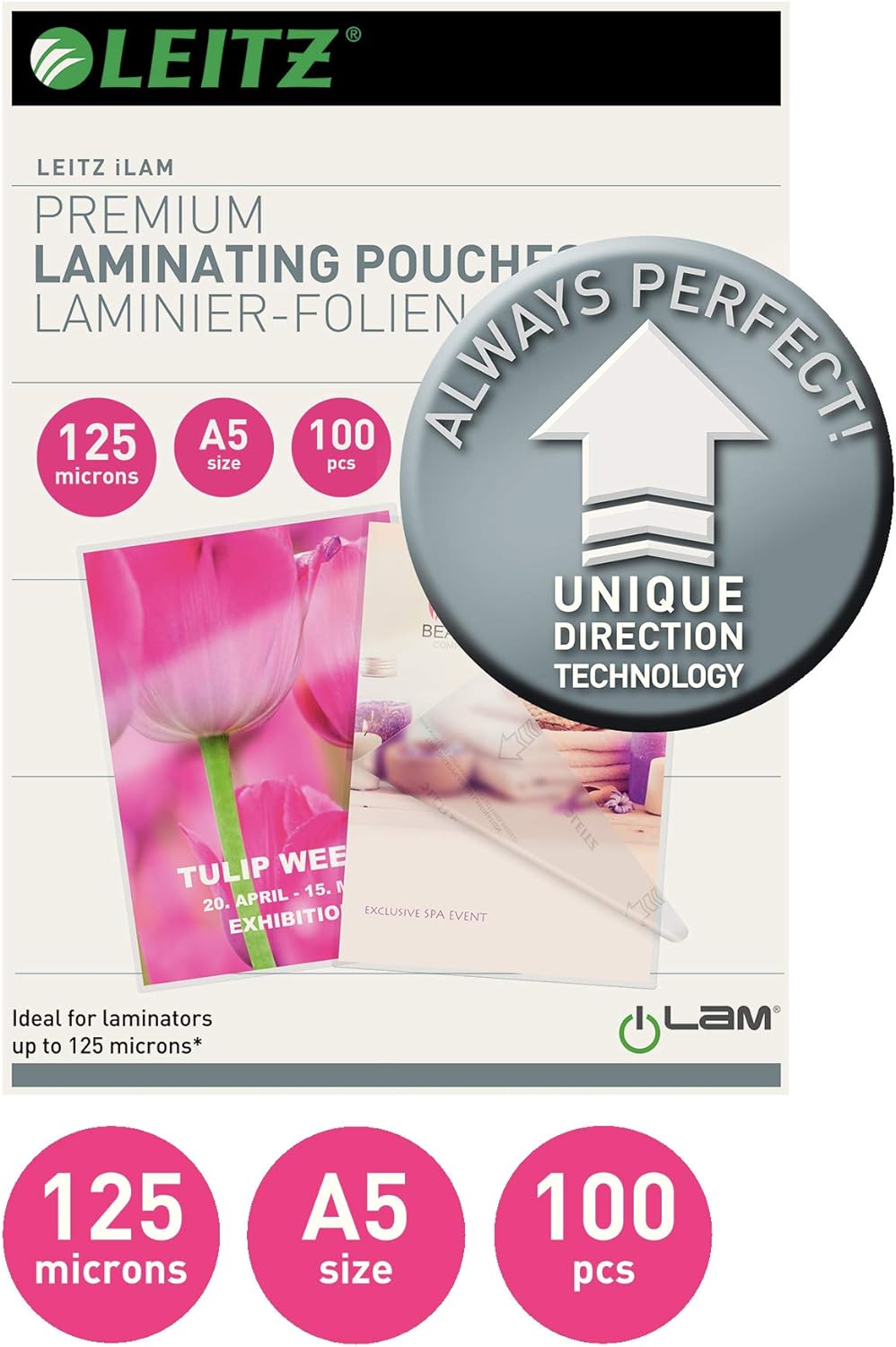 Leitz 74930000 Laminating Pouches Made of 125 Micron Thick Material (Transparent, Glossy, A5 and UDT) - Pack of 100