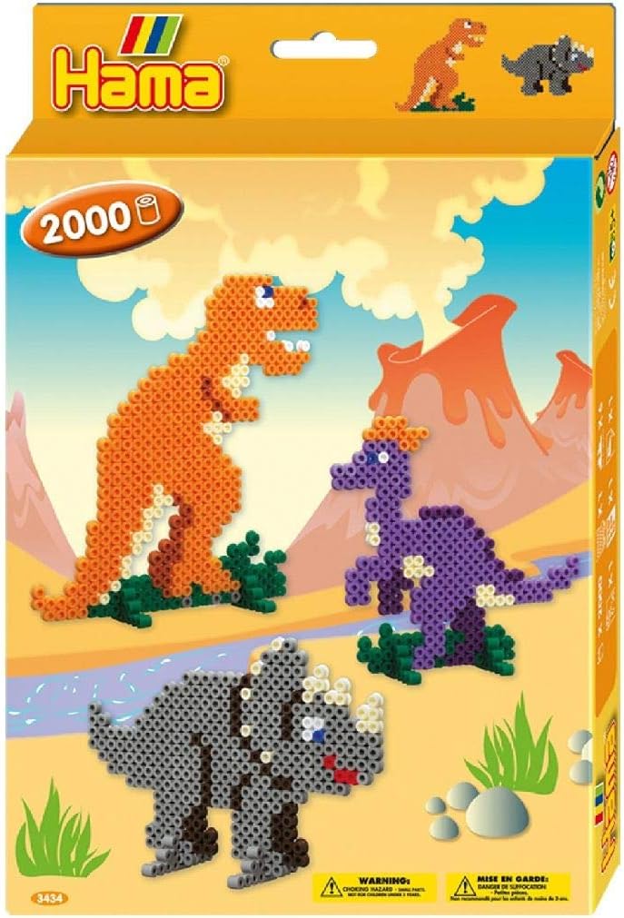 HAMA BEADS 10.3434 - Mosaicos con rejilla Dinosaurios, Incluye 2000 perlas
