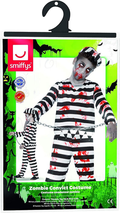 Smiffys Zombie Convict Costume, Black & White with Trousers, Top, Hat & Wrist Cuffs, Halloween Child Fancy Dress, Halloween Dress Up Costumes