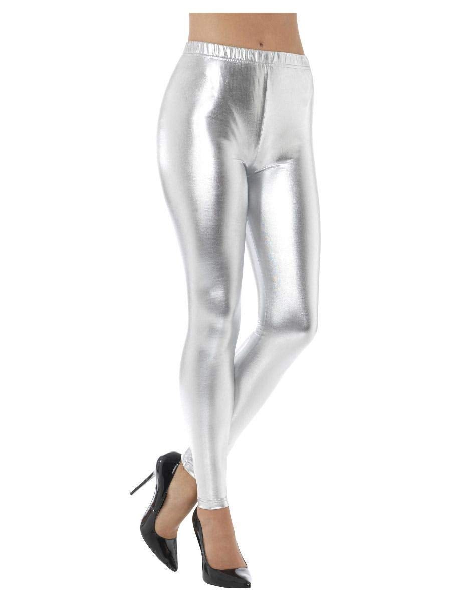 Smiffys 80s Metallic Disco Leggings, Silver , 1980's Fancy Dress, 1980s Dress Up Costumes