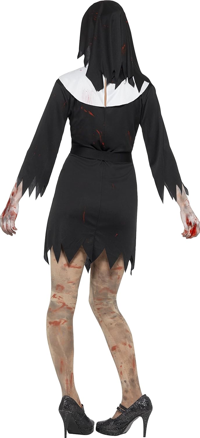 Smiffys Zombie Sister Costume, Black Dress, Headpiece, Belt & Cross Necklace, Halloween Adult Fancy Dress, Halloween Dress Up Costumes