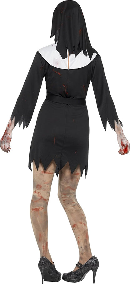 Smiffys Zombie Sister Costume, Black Dress, Headpiece, Belt & Cross Necklace, Halloween Adult Fancy Dress, Halloween Dress Up Costumes