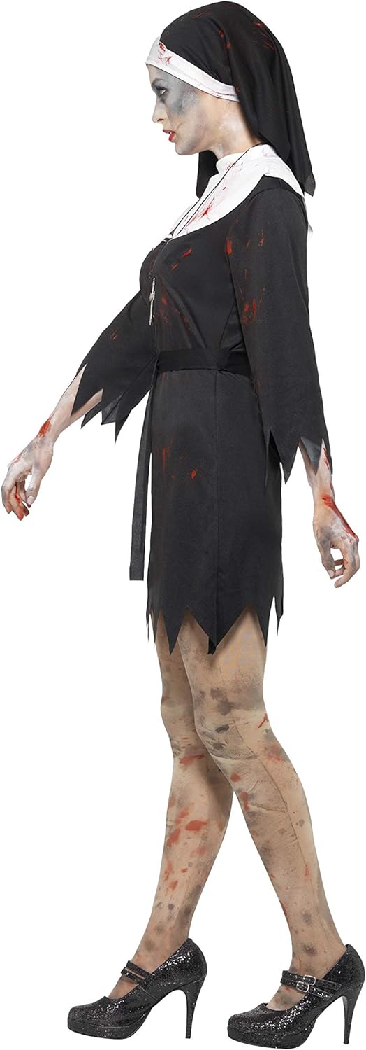 Smiffys Zombie Sister Costume, Black Dress, Headpiece, Belt & Cross Necklace, Halloween Adult Fancy Dress, Halloween Dress Up Costumes