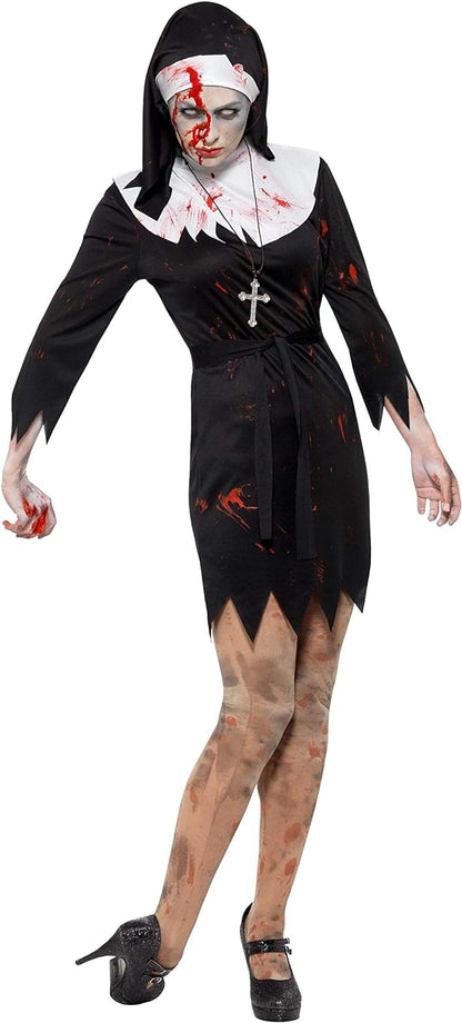 Smiffys Zombie Sister Costume, Black Dress, Headpiece, Belt & Cross Necklace, Halloween Adult Fancy Dress, Halloween Dress Up Costumes