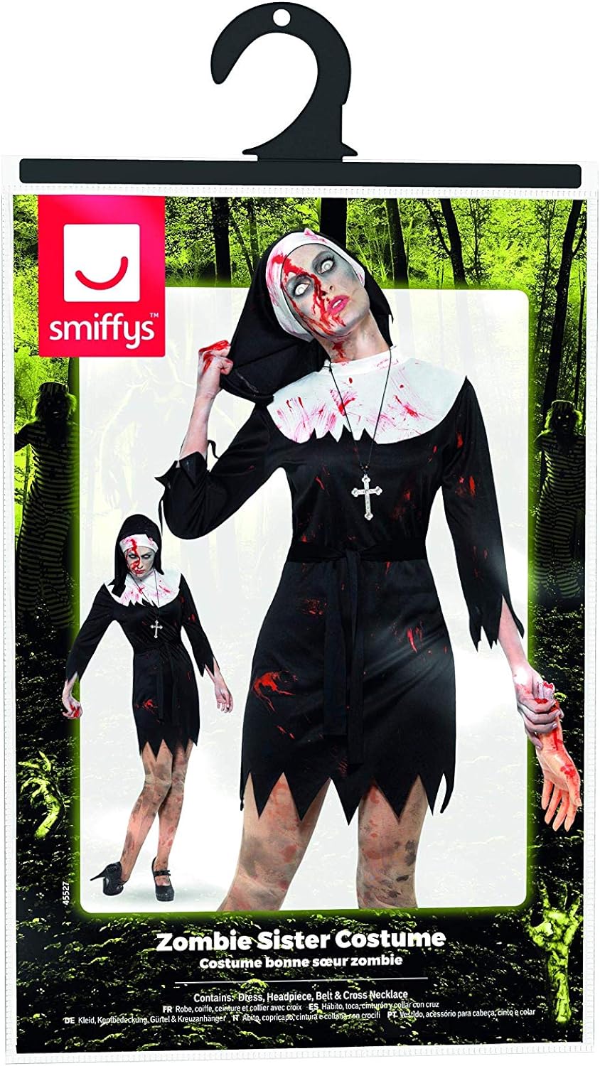 Smiffys Zombie Sister Costume, Black Dress, Headpiece, Belt & Cross Necklace, Halloween Adult Fancy Dress, Halloween Dress Up Costumes
