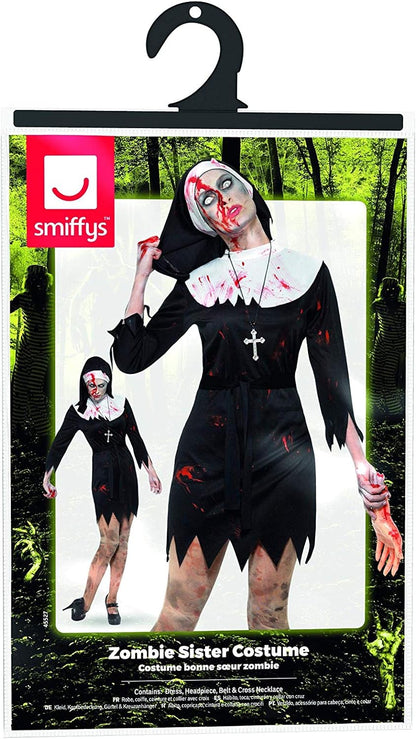 Smiffys Zombie Sister Costume, Black Dress, Headpiece, Belt & Cross Necklace, Halloween Adult Fancy Dress, Halloween Dress Up Costumes