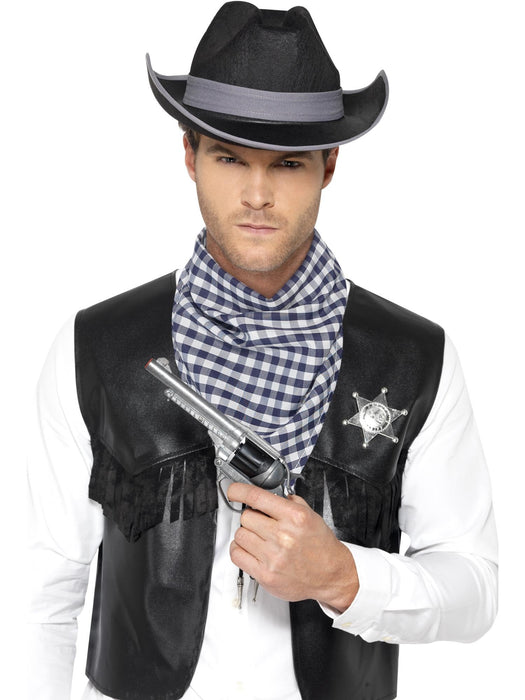 Smiffys Western Kit, Black Mock Leather Waistcoat, Hat, Badge & Neckscarf, Cowboys and Indians Fancy Dress, Adult Dress Up Costumes
