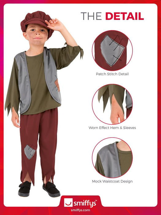 Smiffys Disfraz de niño victoriano pobre, Verde, con parte de arriba, pantalón y gorro