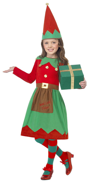 Smiffys Santa's Little Helper Costume, Red & Green with Dress & Hat, Christmas Children's Fancy Dress, Elf Dress Up Costumes