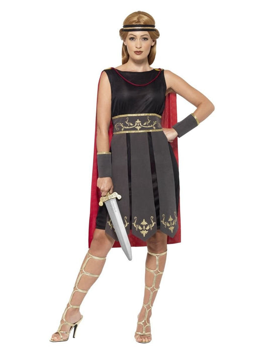 Smiffys Roman Warrior Costume, Black with Dress, Attached Cape, Arm Cuffs & Headband, Legends & Myths Fancy Dress, Adult Dress Up Costumes