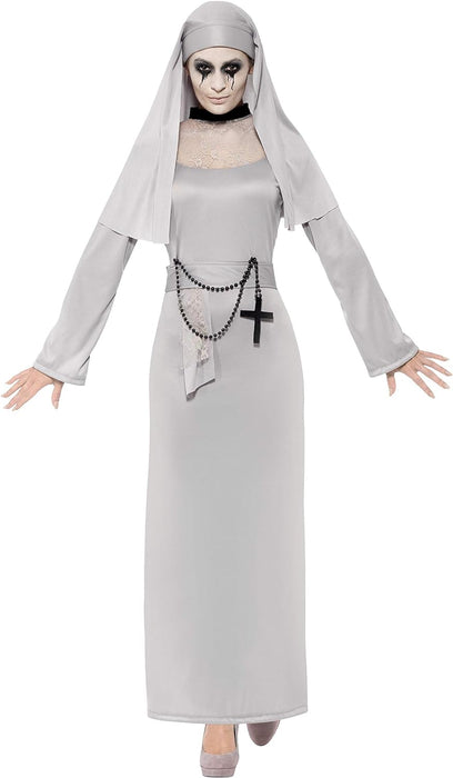 Smiffys Gothic Nun Costume, Grey with Dress & Headpiece, Halloween Adult Fancy Dress, Nun Dress Up Costumes