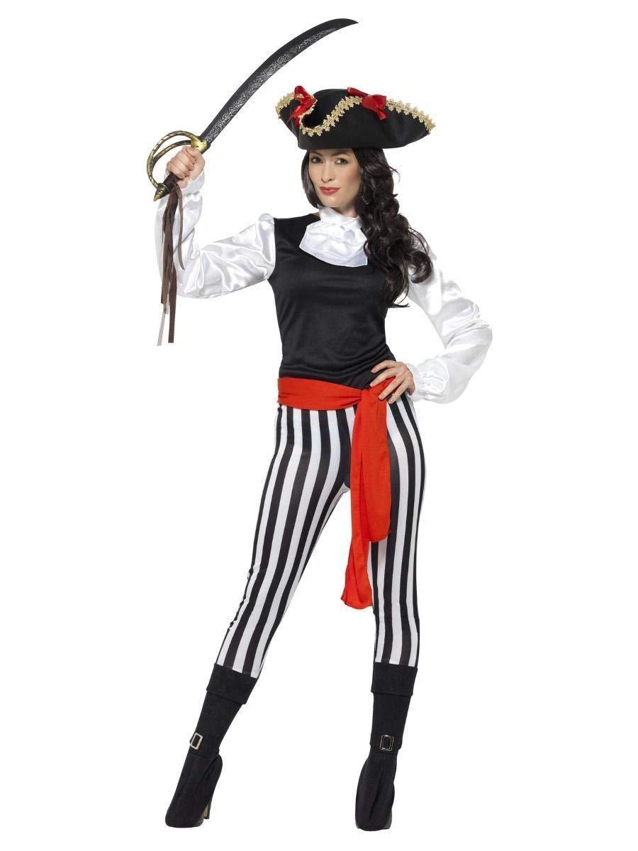 Smiffys Pirate Lady Costume, with Top, Black Trousers, Attached Boot Covers, Neck Ruffle & Belt, Pirate Fancy Dress, Pirate Dress Up Costumes