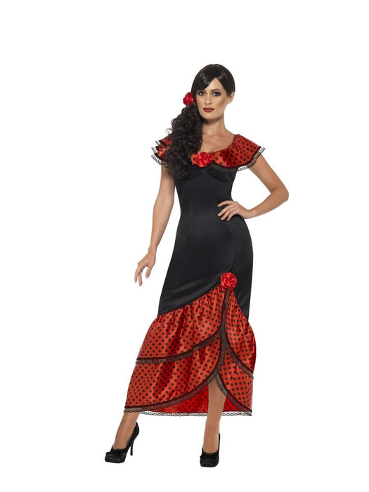 Smiffys Flamenco Senorita Costume, Black with Dress & Headpiece, Around The World Fancy Dress, Adult Dress Up Costumes