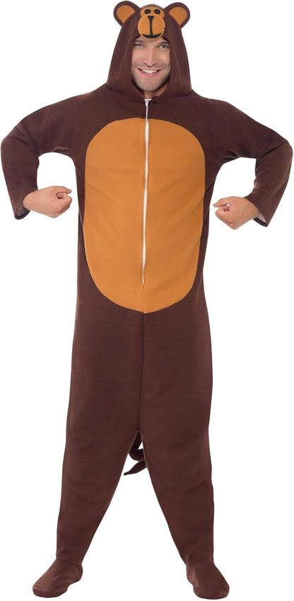 Smiffys Monkey Costume, Brown All In One with Hood, Party Animals Fancy Dress, Animal Dress Up Costumes