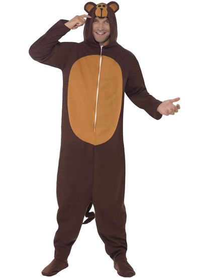 Smiffys Monkey Costume, Brown All In One with Hood, Party Animals Fancy Dress, Animal Dress Up Costumes