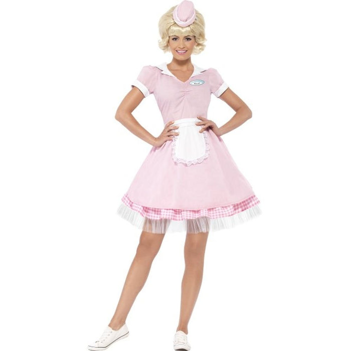 Smiffys 50s Diner Girl Costume, Pink with Dress & Mini Hat, 1950's Rock'n'Rolla Fancy Dress, 1950s Dress Up Costumes