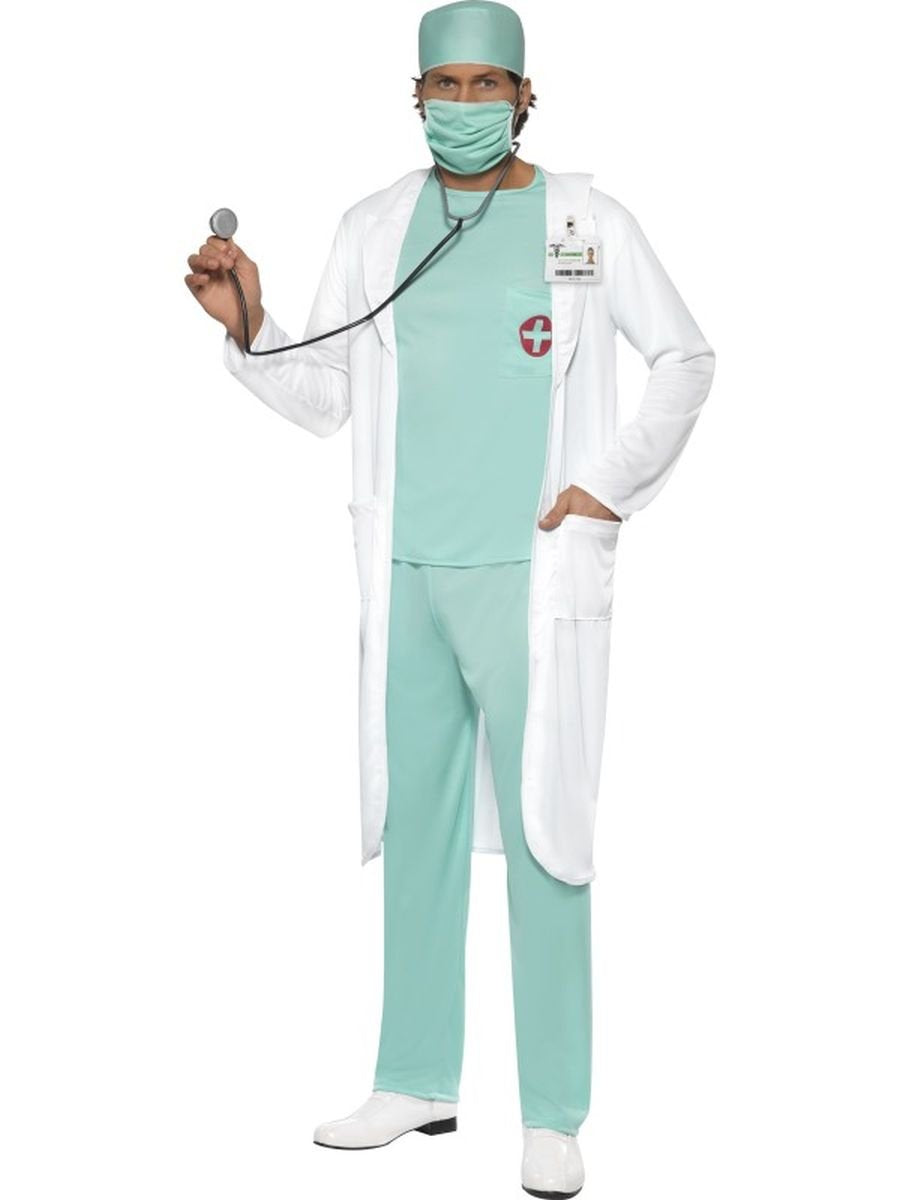 Smiffys Doctor Costume, Green Top, Trousers, Hat, Mask, Clear Name Tag & Coat, Hospital Fancy Dress, Adult Dress Up Costumes