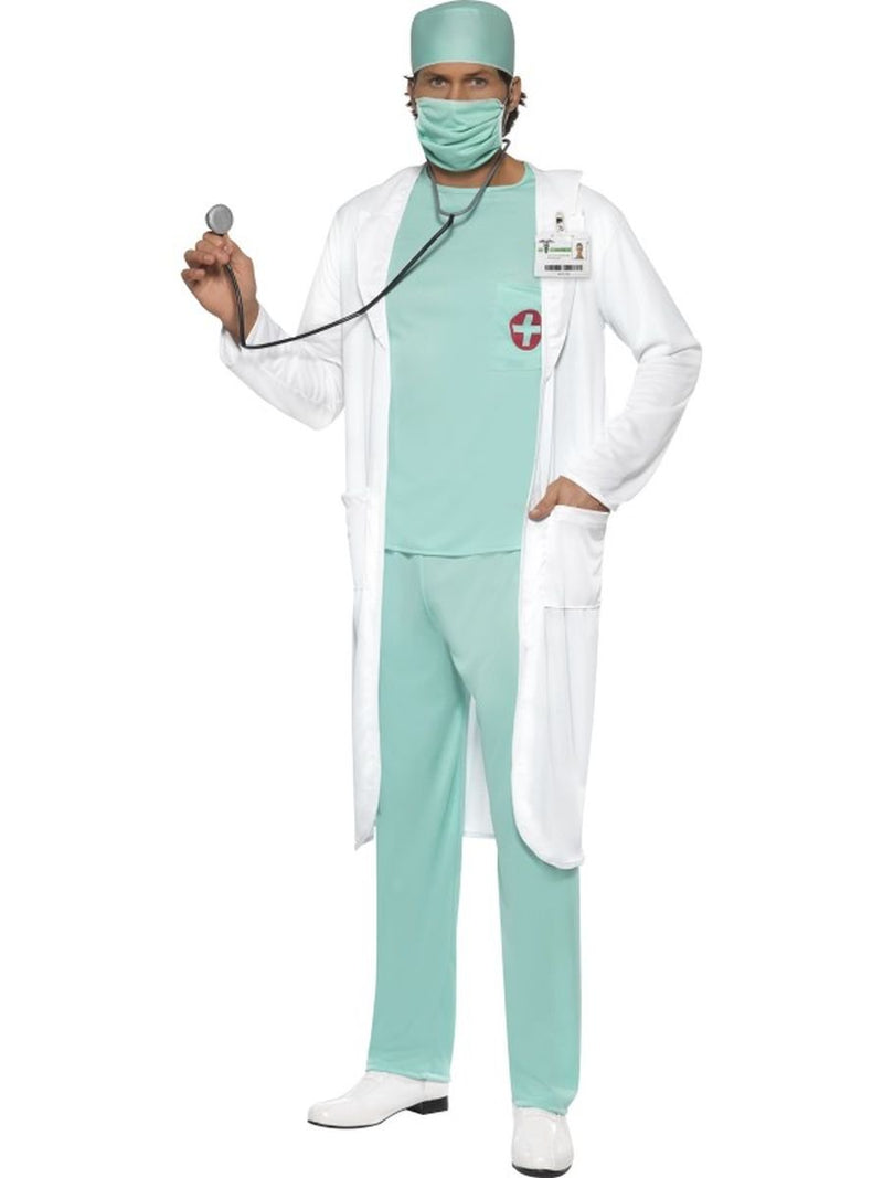 Smiffys Doctor Costume, Green Top, Trousers, Hat, Mask, Clear Name Tag & Coat, Hospital Fancy Dress, Adult Dress Up Costumes