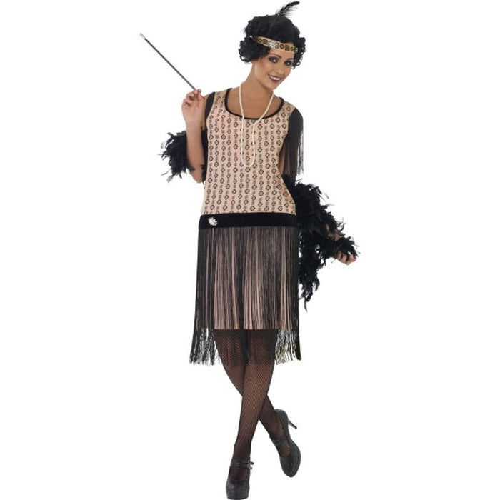 Smiffys 20s Coco Flapper Costume, Pink Dress, Cigarette Holder, Necklace & Headpiece, 1920's Razzle Fancy Dress, Adult Dress Up Costumes