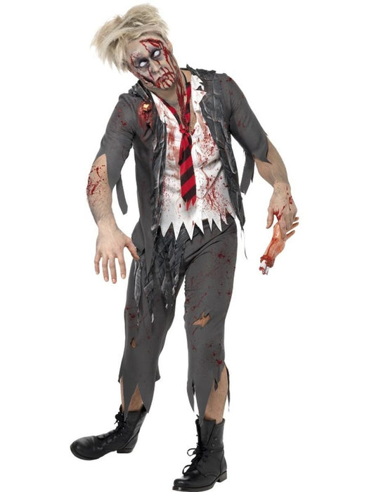 Smiffys High School Horror Zombie Schoolboy Costume, Grey with Jacket, Attached Shirt, Tie & Trousers, Halloween Zombie Alley Fancy Dress, Zombie Dress Up Costumes