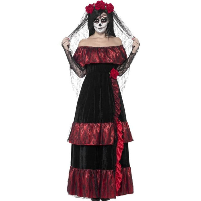 Smiffys Deluxe Day of the Dead Bride Costume, Black with Dress & Rose Veil, Mexican Day of The Dead/Sugar Fancy Dress, Adult Dress Up Costumes