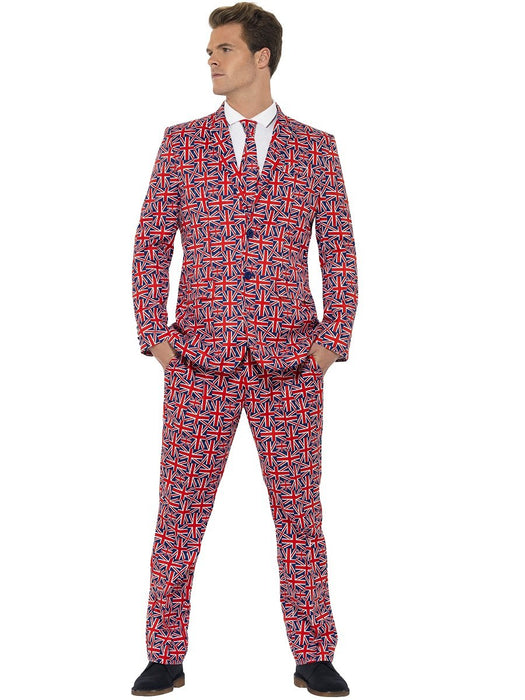 Smiffys Union Jack Suit, Red with Jacket, Trousers and Tie, Stand Out Suits Fancy Dress, Adult Dress Up Costumes