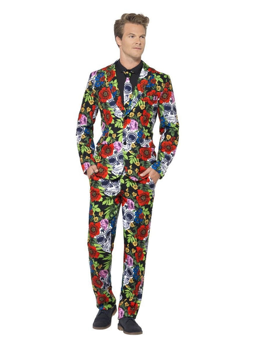 Smiffys Day of the Dead Suit, Multi-Coloured with Jacket, Trousers & Tie, Stand Out Suits Fancy Dress, Adult Dress Up Costumes