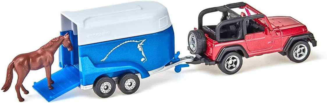 siku 1651, Jeep with Horse Trailer, Metal/Plastic, Multicolour, Incl. 1 toy horse, Opening loading flap
