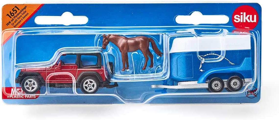 siku 1651, Jeep with Horse Trailer, Metal/Plastic, Multicolour, Incl. 1 toy horse, Opening loading flap
