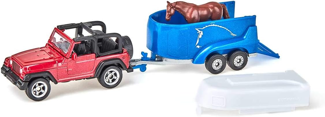 siku 1651, Jeep with Horse Trailer, Metal/Plastic, Multicolour, Incl. 1 toy horse, Opening loading flap