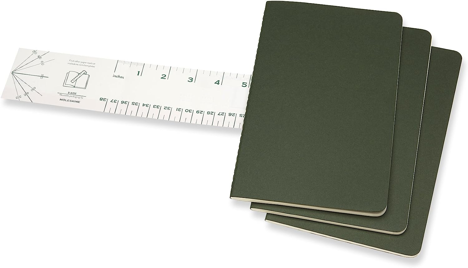 Moleskine Cahier Journal, Set 3 Notebooks with Ruled Pages, Cardboard Cover with Visible Cotton Stiching, Colour Myrtle Green, Large 13 x 21 cm, 80 Pages