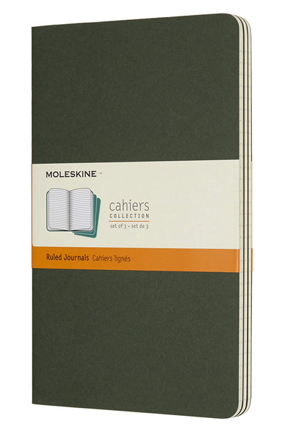 Moleskine Cahier Journal, Set 3 Notebooks with Ruled Pages, Cardboard Cover with Visible Cotton Stiching, Colour Myrtle Green, Large 13 x 21 cm, 80 Pages