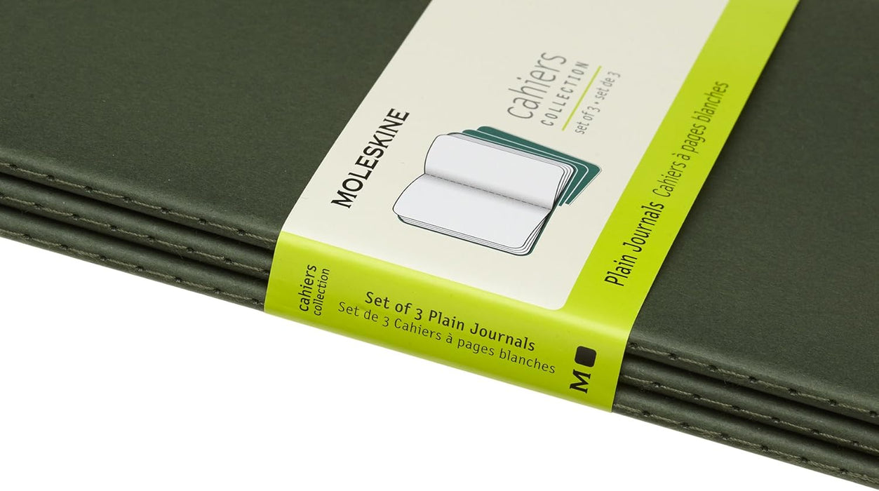 Moleskine Cahier Journal, Set 3 Notebooks with Plain Pages, Cardboard Cover with Visible Cotton Stiching, Colour Myrtle Green, Large 13 x 21 cm, 80 Pages