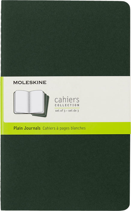 Moleskine Cahier Journal, Set 3 Notebooks with Plain Pages, Cardboard Cover with Visible Cotton Stiching, Colour Myrtle Green, Large 13 x 21 cm, 80 Pages