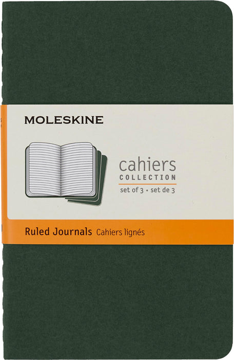 Moleskine Cahier Journal, Set 3 Notebooks with Ruled Pages, Cardboard Cover with Visible Cotton Stiching, Colour Myrtle Green, Pocket 9 x 14 cm, 64 Pages