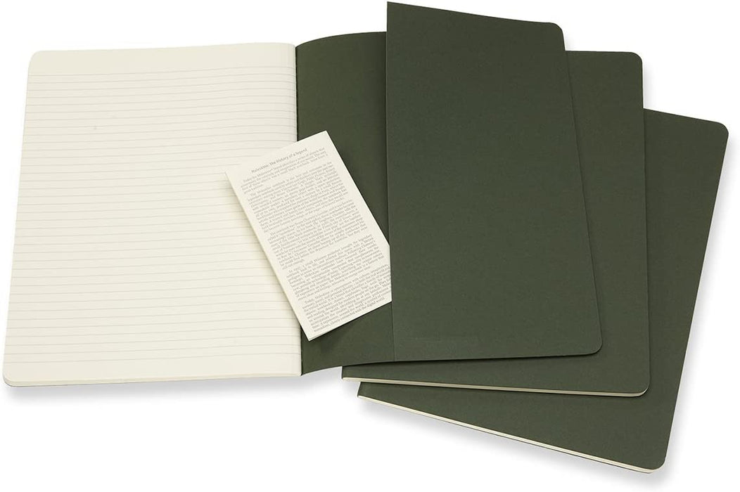 Moleskine Cahier Journal, Set 3 Notebooks with Ruled Pages, Cardboard Cover with Visible Cotton Stiching, Colour Myrtle Green, Extra Large 19 x 25 cm, 120 Pages