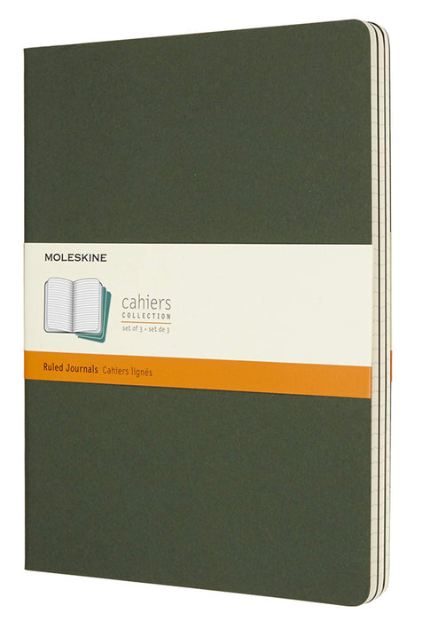 Moleskine Cahier Journal, Set 3 Notebooks with Ruled Pages, Cardboard Cover with Visible Cotton Stiching, Colour Myrtle Green, Extra Large 19 x 25 cm, 120 Pages