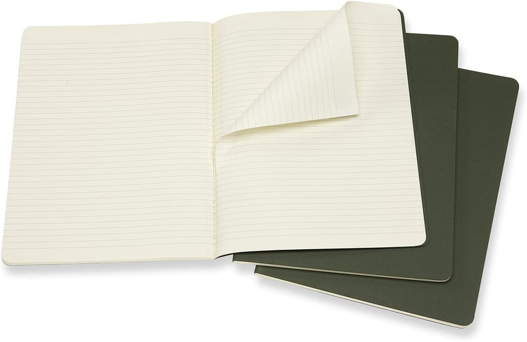 Moleskine Cahier Journal, Set 3 Notebooks with Ruled Pages, Cardboard Cover with Visible Cotton Stiching, Colour Myrtle Green, Extra Large 19 x 25 cm, 120 Pages