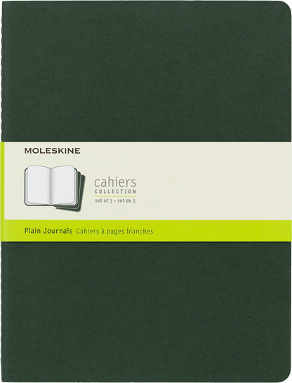 Moleskine Cahier Journal, Set 3 Notebooks with Plain Pages, Cardboard Cover with Visible Cotton Stiching, Colour Myrtle Green, Extra Large 19 x 25 cm, 120 Pages