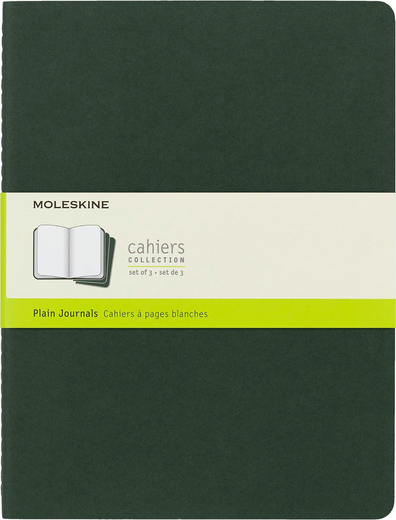 Moleskine Cahier Journal, Set 3 Notebooks with Plain Pages, Cardboard Cover with Visible Cotton Stiching, Colour Myrtle Green, Extra Large 19 x 25 cm, 120 Pages