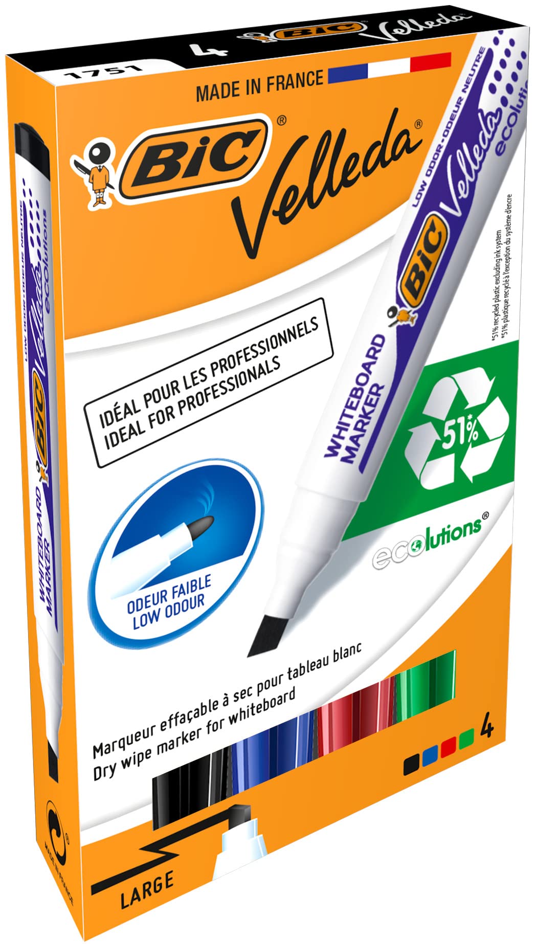 BIC Velleda 1751 ECOlutions rotuladores de Pizarra punta biselada Media – colores Surtidos, Blíster de 4 unidades