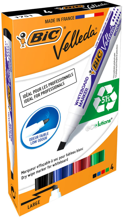 BIC Velleda 1751 ECOlutions rotuladores de Pizarra punta biselada Media – colores Surtidos, Blíster de 4 unidades